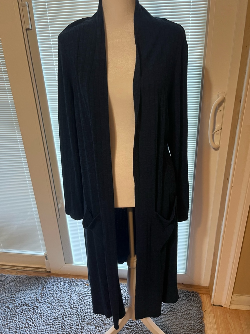 Black and Blue Open-Front Ribbed Long Cardigan - Women